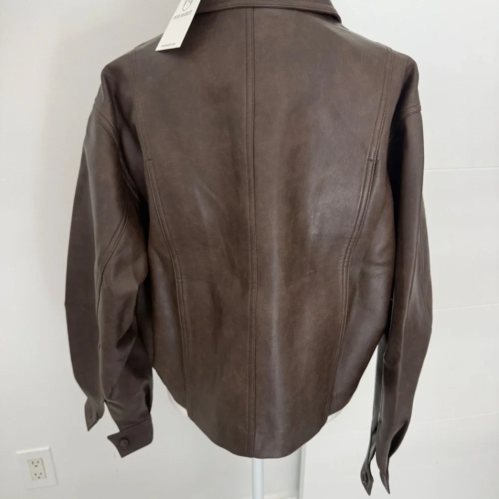 Pixie Market Brown Faux Leather Crop Bomber Patch Pocket Jacket NWT One Size - Picture 9 of 12